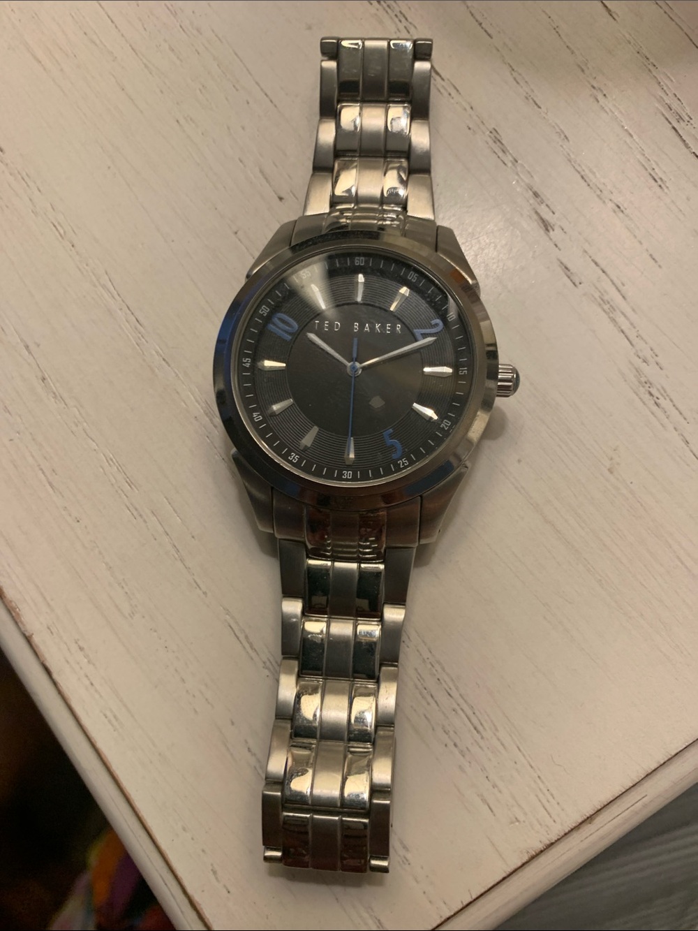 Ted Baker Silver Watch with Blue Dial Accents. Men’s